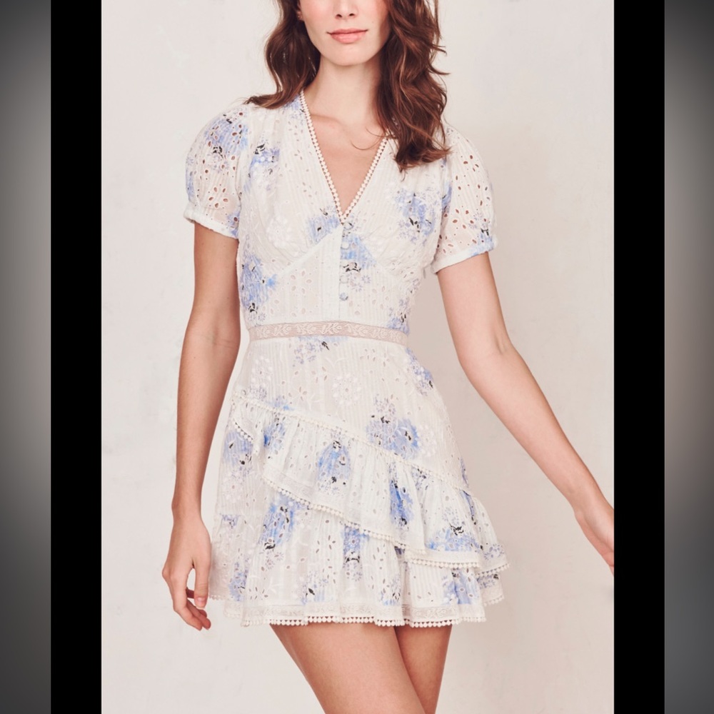 LoveShackFancy Bea Seersucker Floral Eyelet Mini Dress